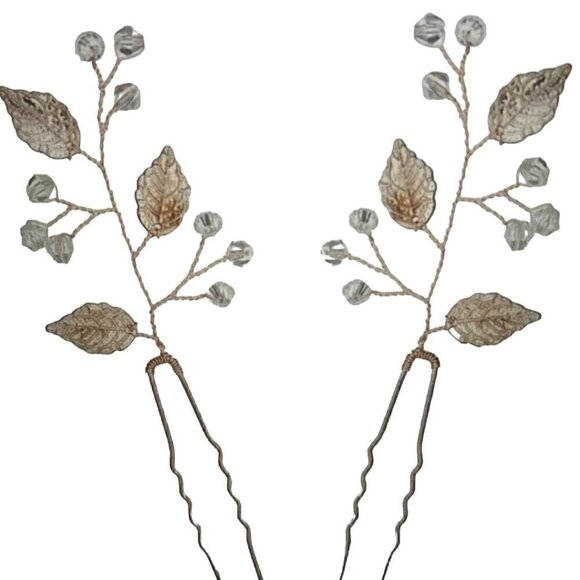 Bridal Hair Pieces, Set of 2, Imitation Crystal, Rose Gold Color - Picture 1 of 4